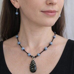 Hand Crafted Black & Denim Blue Beaded Necklace and Earring set